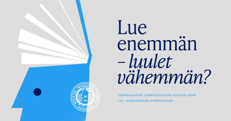 Duodecimin 141. vuosipäivän teemaotsikko Lue enemmän - luulet vähemmän? ja sininen pää, josta avautuu kirja.