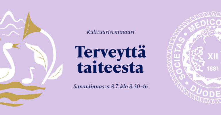 Terveyttä taiteesta -kulttuuriseminaarin mainoskuva. Kuvassa lääkäriseuran sinetti sekä graafinen maisemakuva joutsenista, jotka näyttävät nuoteilta.