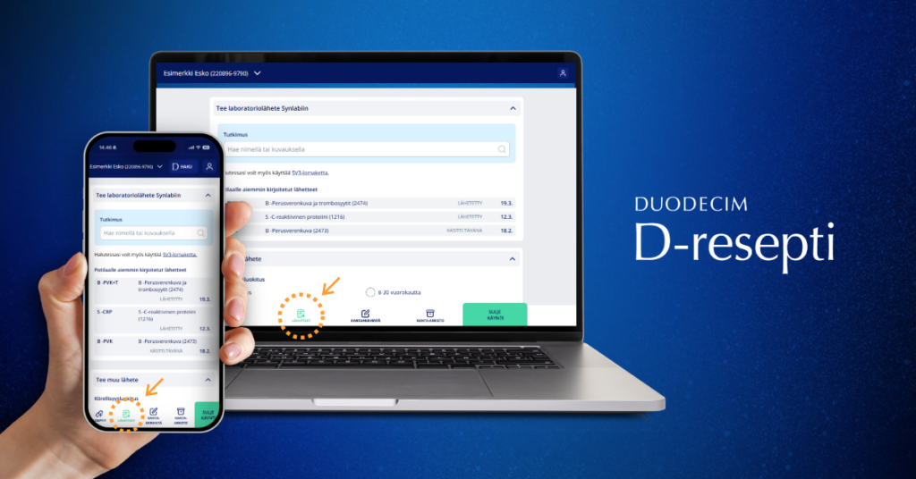 D-reseptin Lähetteet-välilehti auki puhelimella ja tietokoneella.